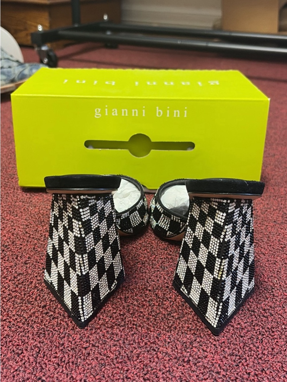 Gianni Bini Black & White Checkered Crystal Slide Mules - Picture 4 of 6